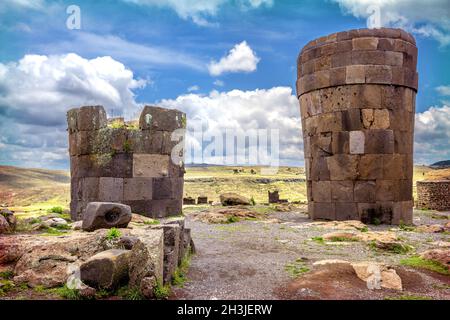 Sillustani - pre-Incan burial ground (tombs) on the shores of Lake Umayo near Puno, in Peru Stock Photo