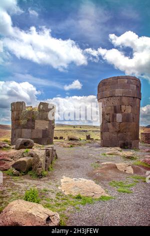 Sillustani - pre-Incan burial ground (tombs) on the shores of Lake Umayo near Puno, in Peru Stock Photo