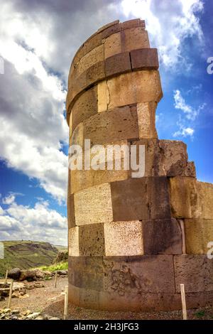 Sillustani - pre-Incan burial ground (tombs) on the shores of Lake Umayo near Puno, in Peru Stock Photo