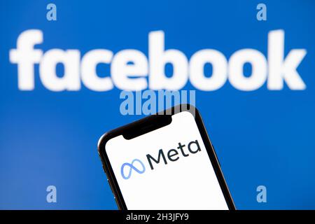 Milan, Italy - 28 October 2021: The Meta logo, the rebranded name from the formerly known company called Facebook, is seen on the display of an Apple Stock Photo