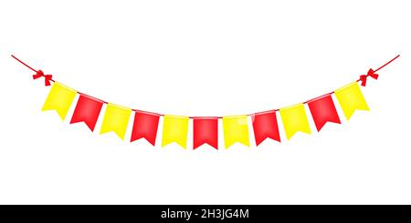 Colorful red and yellow festoon banner with bows, vector illustration. Hanging color flag garland isolated on white background. Bright party bunting Stock Vector