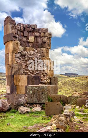 Sillustani - pre-Incan burial ground (tombs) on the shores of Lake Umayo near Puno, in Peru Stock Photo