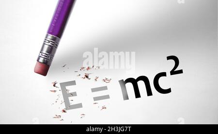 Eraser deleting the concept E=mc2 Stock Photo