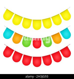 Colorful festoon banner, vector illustration. Hanging color flag garland isolated on white background. Bright party bunting for holiday design Stock Vector