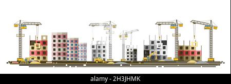 Construction of new microdistrict of city. Cranes and Tractors. Modern technologies and equipment. Horizontal. Isolated on white background Stock Vector