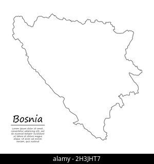 Simple outline map of Bosnia, vector silhouette in sketch line style Stock Vector