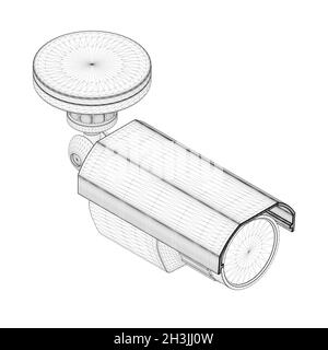 Wireframe cctv camera from black lines isolated on white background. Isometric view. 3D. Vector illustration Stock Vector