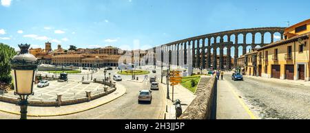 Panoramic view of the famous ancient aqueduct in Segovia, Spain Stock Photo