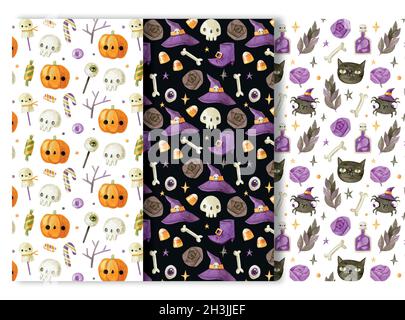 watercolor halloween patterns collection vector design illustration Stock Vector