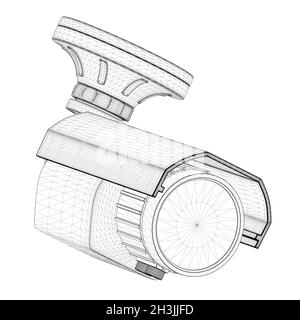 Wireframe cctv camera from black lines isolated on white background. Front view. 3D. Vector illustration Stock Vector