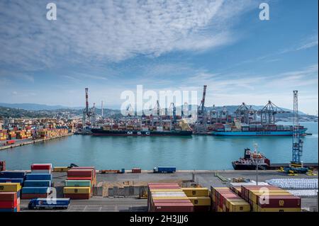 La Spezia, SP, Italy - October 19 2021: Container Freight Terminal of the Spezia seaport. Global Logistics Shipping industry. Maritime transportation. Stock Photo