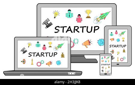 Startup concept on different devices, isolated on white Stock Photo