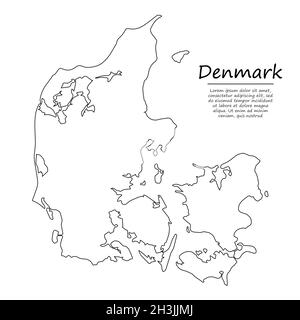 Simple outline map of Denmark, vector silhouette in sketch line style Stock Vector