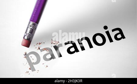 Eraser deleting the word Paranoia Stock Photo