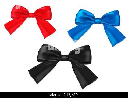 Satin ribbon gift bow set isolated on white background, realistic vector illustration for holiday design. Red, blue, black colors. Easy to recolor Stock Vector