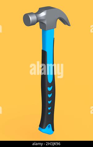 Black and blue hammer with a rubberized handle isolated on yellow background. 3d render and illustration of tool for repair and building Stock Photo