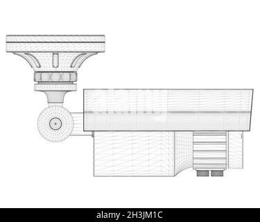 Wireframe cctv camera from black lines isolated on white background. Side view. 3D. Vector illustration Stock Vector