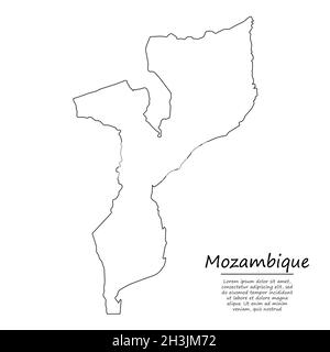 Mozambique country thin black outline silhouette. Simplified map ...