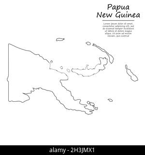 Simple outline map of Papua New Guinea, vector silhouette in sketch line style Stock Vector