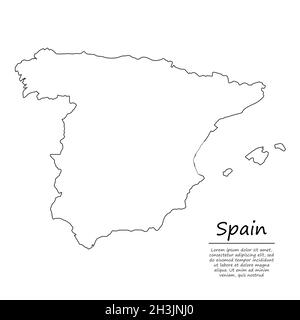 Simple outline map of Spain, vector silhouette in sketch line style Stock Vector
