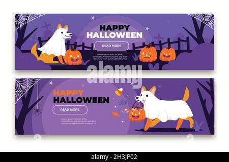 hand drawn flat halloween horizontal banners set vector design illustration Stock Vector