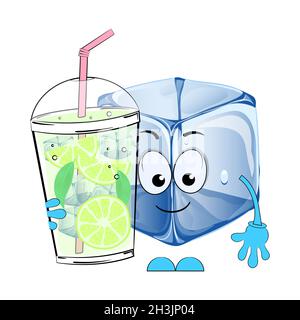Mojito and cartoon ice cube. Vector illustration on a white background. Stock Vector