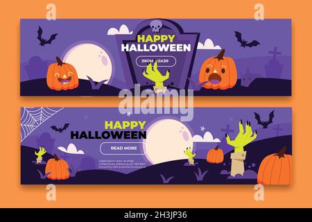 hand drawn flat halloween horizontal banners set vector design illustration Stock Vector