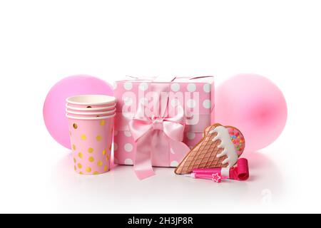 Pink birthday accessories isolated on white background Stock Photo