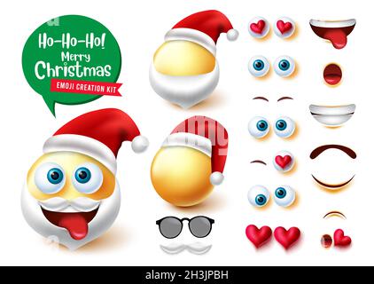 Emojis santa claus creator vector set. Smiley 3d santa characters kit with cute, crazy and funny editable christmas character for facial expression. Stock Vector