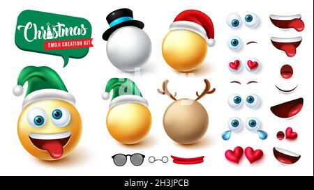 Christmas smiley creator vector set. Emoji xmas 3d characters kit of santa, snowman and reindeer with editable face for cute facial expression. Stock Vector