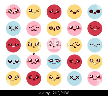 Smileys kawaii character vector set. Emoticon cute cartoon emojis with colorful faces and expression of happy, sad and angry for kawaii emoji chibis. Stock Vector