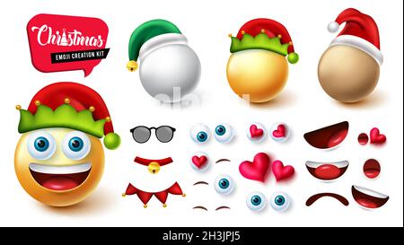 Emoji elf creator kit vector set. Smileys christmas 3d face creation of elf, snowman and santa with editable facial reaction for xmas character. Stock Vector