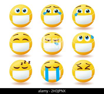 Smiley covid-19 protection vector set. Emoticon characters wearing face mask with happy, sad and sick faces for pandemic safety emoji collection. Stock Vector