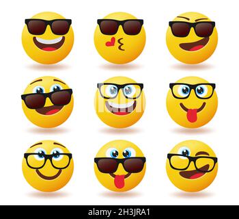 Smileys sunglasses emoticon vector set. Emojis smiley in cool shades with happy, funny and cute facial expressions for friendly emoji faces character. Stock Vector