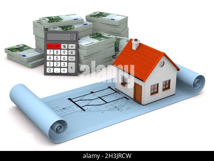 House Construction Plan Euro Notes Calculator Stock Photo