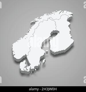 3d isometric map of Scandinavia region, isolated with shadow vector illustration Stock Vector