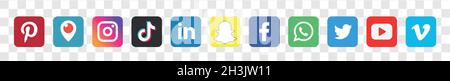 Realistic social media logotype collection on transparent: Facebook, TikTok, instagram, twitter, youtube, linkedin, snapchat, periscope, vimeo. Stock Vector