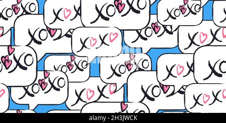 Seamless pattern with XOXO hand written phrase in speech bubble isolated on blue. Hugs and kisses sign. Modern ink calligraphy. Design for Valentines Stock Vector