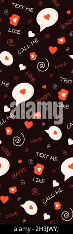 Seamless pattern for valentine day with love messages, hearts, likes and text. Pattern in a flat style on a brown background. Stock Vector