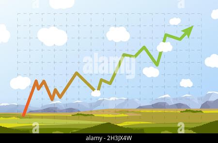 Bright green and red stocks graph on sunny nature landscape Stock Vector