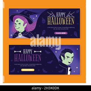 hand drawn flat halloween horizontal banners set vector design illustration Stock Vector