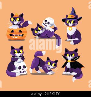 hand drawn flat halloween black cats collection vector design illustration Stock Vector