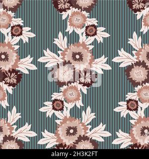 Abstract blanket flower bouquet vector seamless botanical pattern background. Elegant burgundy off white wild meadow flowers on striped teal backdrop Stock Vector