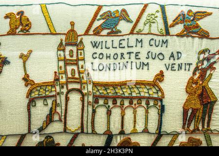 The Bayeux tapestry is an embroidered fabric made in the second half of the 11th century, it tells the conquest of England. Børglum Abbey, Denmark Stock Photo