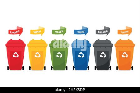 trash cans. types of trash cans, front view set of plastic bins Stock Vector