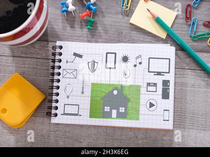 Home automation concept drawn on a notepad placed on a desk Stock Photo