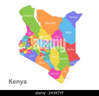 Kenya map, administrative division, separate individual regions with names, color map isolated on white background vector Stock Vector