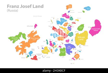 Franz Josef Land map, administrative division, separate individual regions with names, color map isolated on white background vector Stock Vector