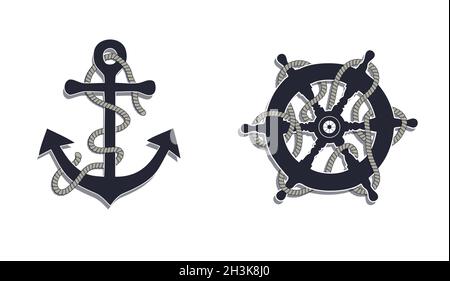 Marine design, nautical icons anchor and rudder with ropes vector Stock Vector