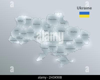 Ukraine map and flag, administrative division, separates regions and names, design glass card 3D vector Stock Vector